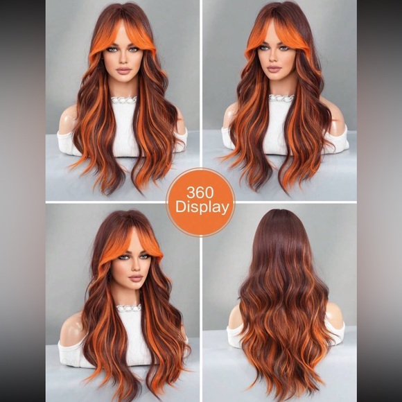 Flame Orange Highlight Wigs For Women Soft Long Wavy Wig With Curtain Bangs - Picture 5 of 6